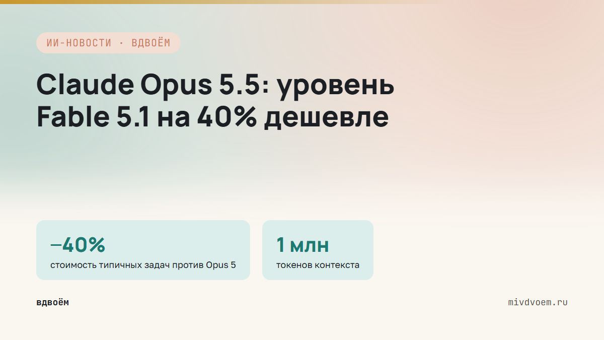 Claude Opus 5.5: уровень Fable 5.1 на 40% дешевле